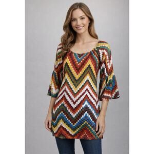 Yahada USA Boho Chevron Tunic Dress Womens Small Multicolor Bell Sleeve Stretch